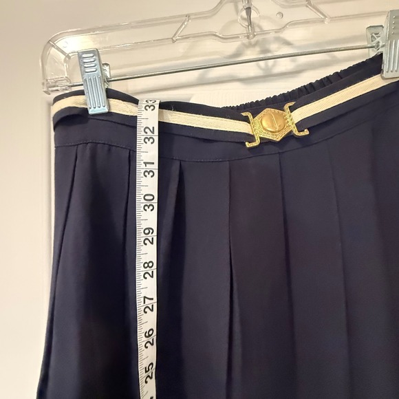 Maren Navy Pleated Midi Skirt Gold Buckle Belted Waist Elastic Back Size Small - Picture 3 of 7